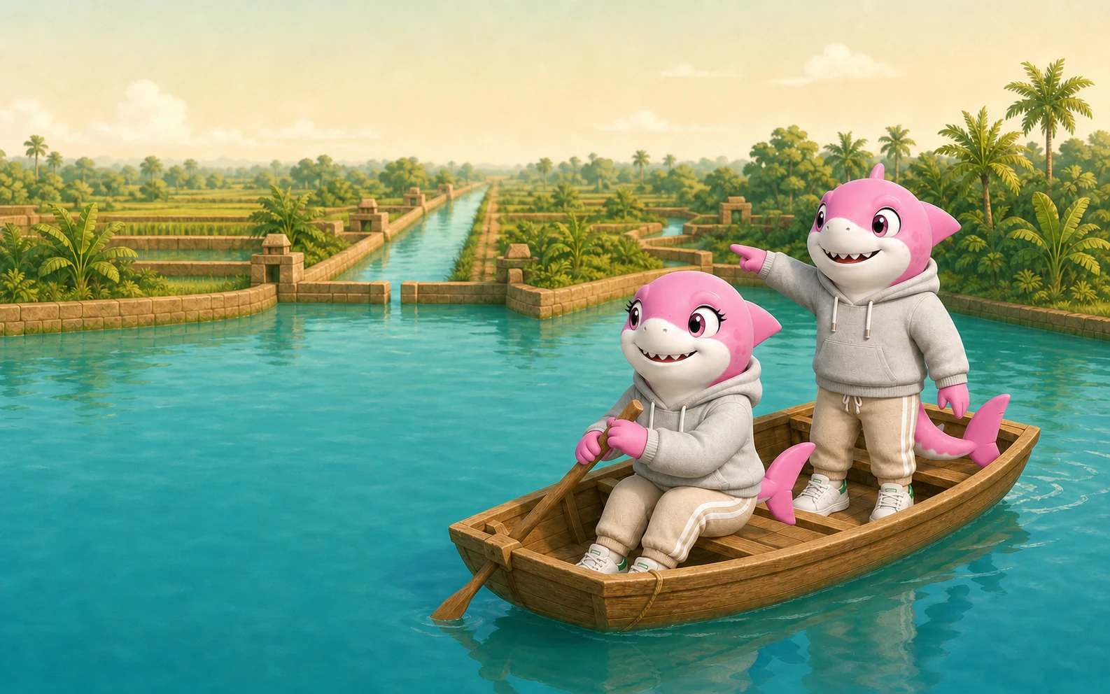 Donna and Jake as pink dolphins navigating a Khmer baray reservoir and its canals