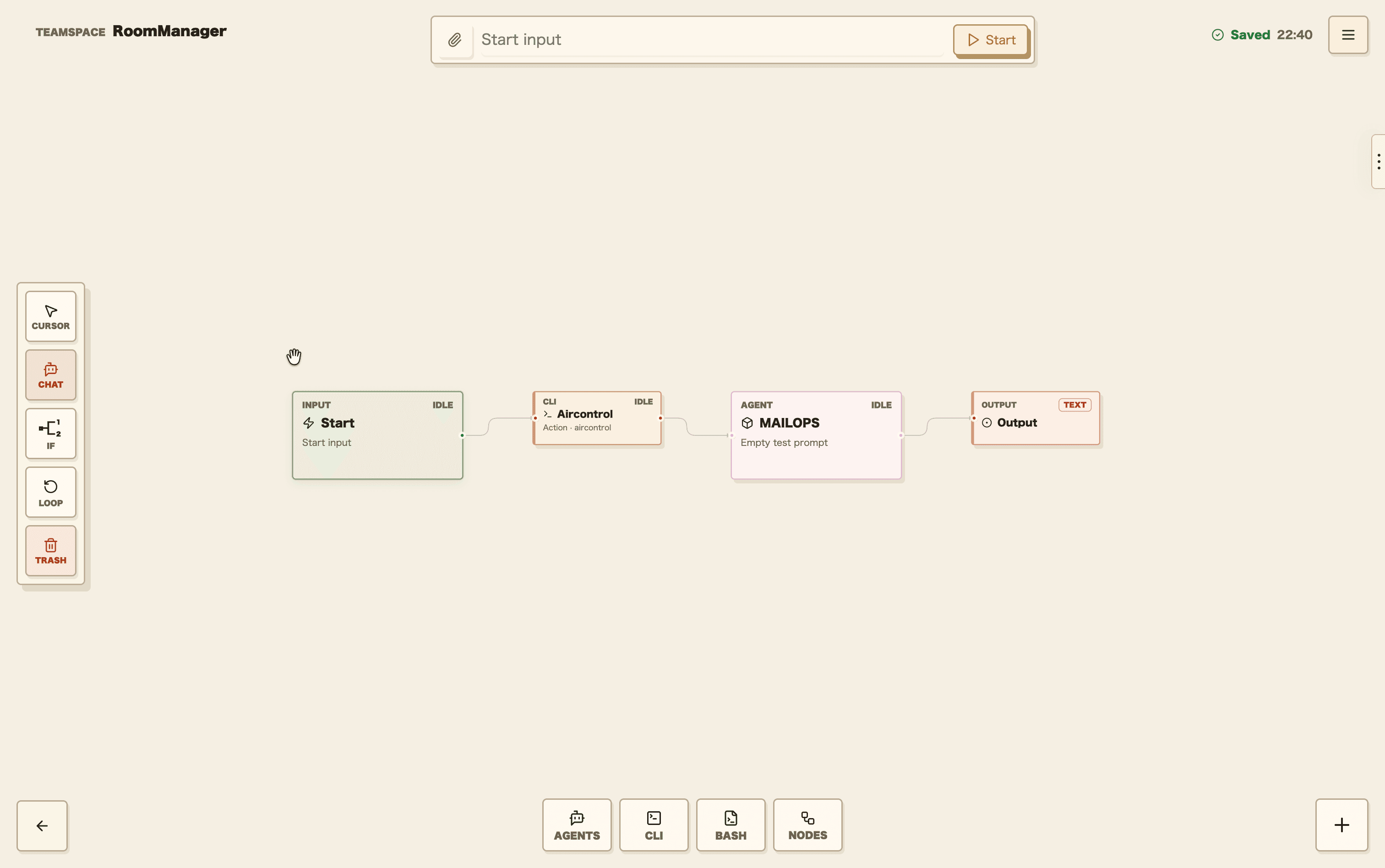 Baray RoomManager canvas with Start, Aircontrol, MailOps, and Output nodes